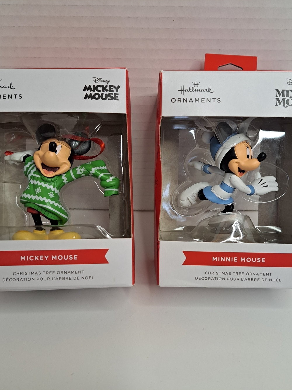 Hallmark Ornaments of Mickey (Green Sweater) & Minnie Mouse (Skating) Winter